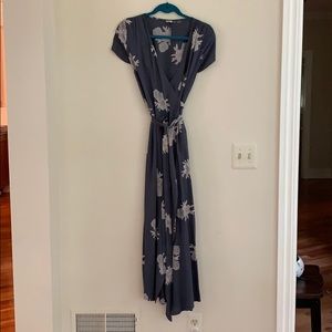 Blue & Cream Floral Maxi Wrap Dress with POCKETS